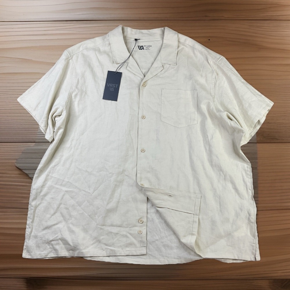 VRST Resort Shirt Men Sz 2XL Linen Blend Camp Button Up Light Sand Short Sleeve‎